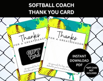 Puede incluir: Una tarjeta de agradecimiento imprimible para un entrenador de softbol. La tarjeta presenta una pelota de softbol amarilla con costuras negras y un fondo de pintura salpicada verde y amarilla. El texto en la tarjeta dice "Gracias por una gran temporada".