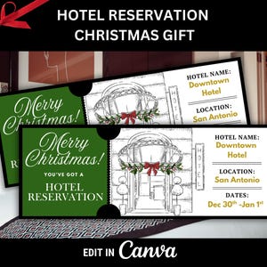 以下が含まれることがあります： クリスマスをテーマにしたホテル予約ギフト券。デザインは、白いスクリプトで「Merry Christmas！」と書かれた緑色の背景が特徴です。証明書には、ホテルの名前、場所、日付が含まれています。赤いリボンと「Hotel Reservation Christmas Gift」という言葉が一番上にあります。
