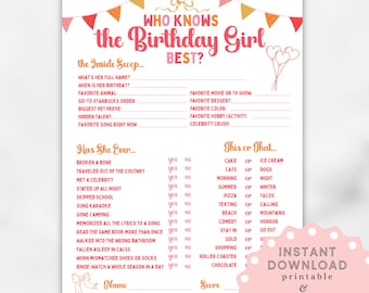 ¿Quién conoce a la cumpleañera? Mejor juego de fiesta de cumpleaños editable Plantilla de juego de trivia de cumpleaños imprimible para fiesta de cumpleaños de adolescentes o preadolescentes