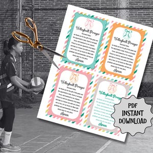 May include: A black and white image featuring a volleyball player and a sheet of paper with a volleyball prayer. The paper has colorful borders and the text "Volleyball Prayer" and "PDF Instant Download". Gold scissors are cutting the paper.