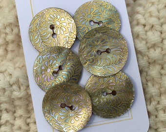 MOP Buttons, Floral, Etched, Gold Button, Mother of Pearl Shell Button, 6 Button Set 7/8” 22mm