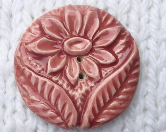 Pink Flower Button 1 3/8” Large Handmade Ceramic Button