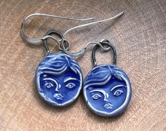 Tiny Face Earrings Handmade Ceramic Dangles
