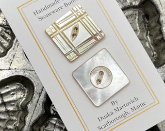 Antique Mother of Pearl Shell Buttons Set of 2 Carved MOP Square Diamond Button Variety 13/16” 21mm