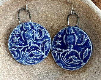 Owl Earrings Handmade Ceramic Celestial Dangles
