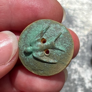 Può includere: Un bottone rotondo e usurato con un rilievo di un uccello in volo. La superficie presenta una patina testurizzata verde ossidato e bronzo con sottili linee radiali che si irradiano dal centro. Due piccoli fori sono posizionati sul corpo.