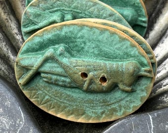 Grasshopper Oval Button Handmade Ceramic 1 1/16" x 1 7/16”