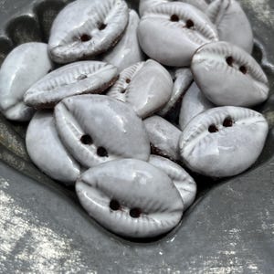 Puede incluir: Una colección de botones de forma ovalada con un acabado gris claro brillante. Cada botón presenta una cresta central con dos orificios oscuros para su fijación, asemejándose a la apariencia de una concha de cauri con textura suave.