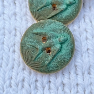 Handmade Ceramic Button Bird 15/16” verdigris Green