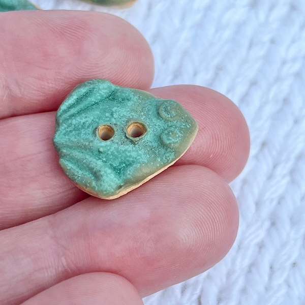 Tiny Frog Button Handmade Ceramic Button 3/4”x 11/16” Verdigris Green