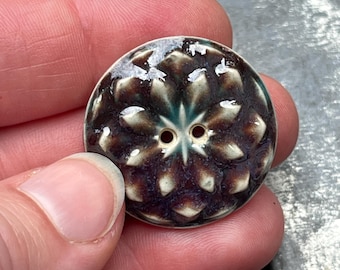 Deep Purple Zinnia Flower Button Handmade Ceramic 1 1/8”