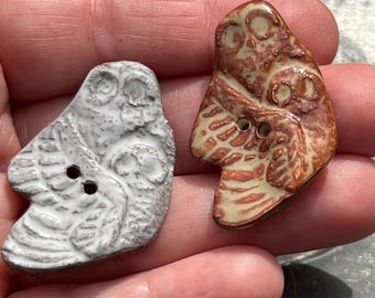 Ceramic Owl Button Mother & Baby Owlet Handmade Stoneware Sewing Button 1 5/8" x 1 1/8"
