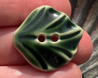 1" Green Leaf Button Handmade Ceramic Plant Life Sewing Button