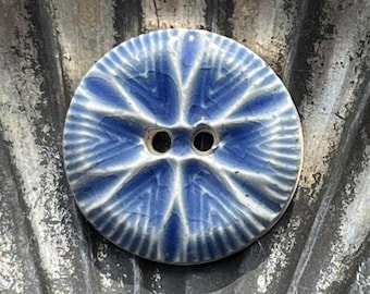 Blue Snowflake Button Handmade Ceramic Sewing Button 13/16”