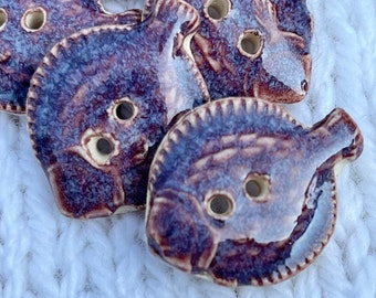 Purple Fish Button Handmade Ceramic Button 1” x 3/4”