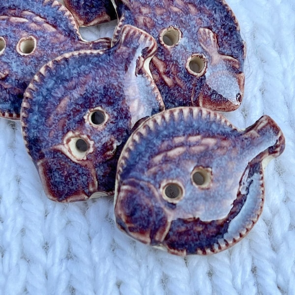 Purple Fish Button Handmade Ceramic Button 1” x 3/4”