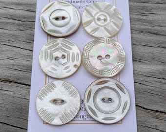 Antique Mother of Pearl Shell Buttons Set of 6 Carved MOP Button Variety 13/16” 21mm