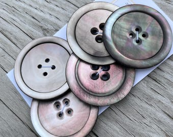 Antique Carved Smoky Rainbow MOP Buttons 1 3/8" Mother of Pearl Buttons Set of 5 Shell Coat Buttons 35mm