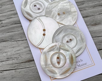 Large Antique MOP Buttons 5 Button Set Iridescent Cream Mother of Pearl Shell 1 1/16" 27mm