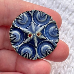 Handmade Ceramic Button 1 1/4” Indigo Blue Tulip Star