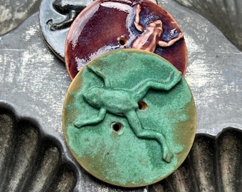 Leaping Frog Button Handmade Ceramic 1 3/8”