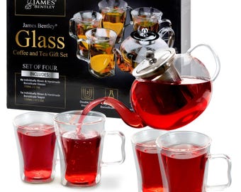 Handmade Tea Kettle Stovetop Safe with Tea Strainer,Glass Teapot set with infuser,4 Double Wall 300ml Cups,Loose Leaf Tea Pot Blooming Tea