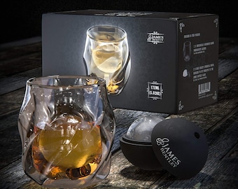 James Bentley Whiskey Glasses set+FREE Sphere Ice Ball Mold x2 for whisky glasses set,Set of 2,Unique Tumblers for Drinking Scotch