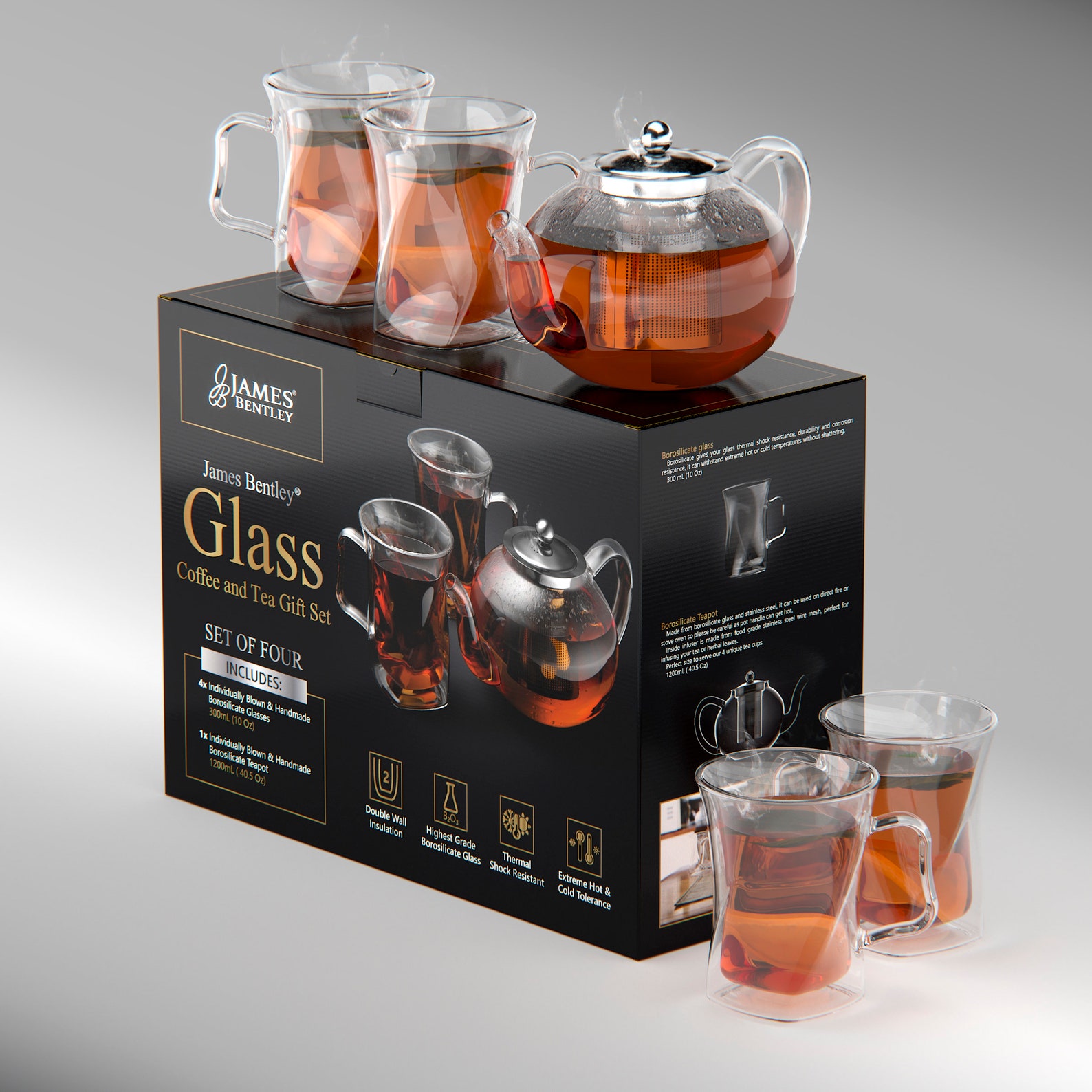 Glass Teapot Set, Strainer Infuser, 4 Double Wall Cups
