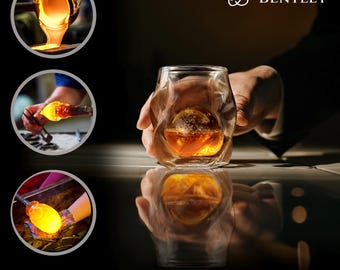 Hand Made Whiskey Glasses set+FREE Sphere Ice Ball Mold x2 for whisky glasses set,Set of 2,Unique Tumblers for Drinking Scotch