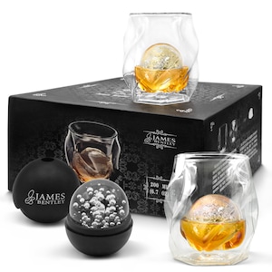 James Bentley Whiskey Glasses set+FREE Sphere Ice Ball Mold x2 for whisky glasses set,Set of 2,Unique Tumblers for Drinking Scotch