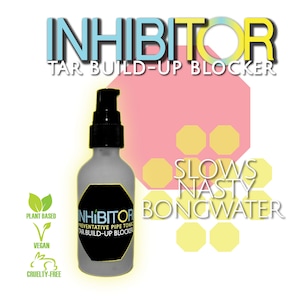 May include: A clear glass bottle with a black pump top and a black label that reads "Inhibitor Preventative Pipe Tonic Tar Build-Up Blocker". The bottle is surrounded by a pink and yellow honeycomb pattern with the text "Slows Nasty Bongwater".