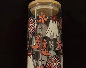 Disco Groovy Cowgirl Ghost Design Glasbecher mit Bambusdeckel