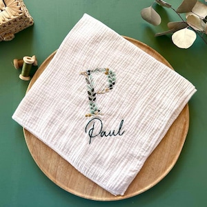 モノグラム刺繍入りベビーおむつ、パーソナライズ、名前と生年月日、コットンガーゼ、出産祝い、新生児
