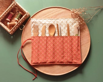 Storage cover and cutlery set in bamboo, 0 waste in wax or cotton fabric