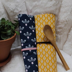 Storage cover and cutlery set in bamboo, 0 waste in wax or cotton fabric image 4