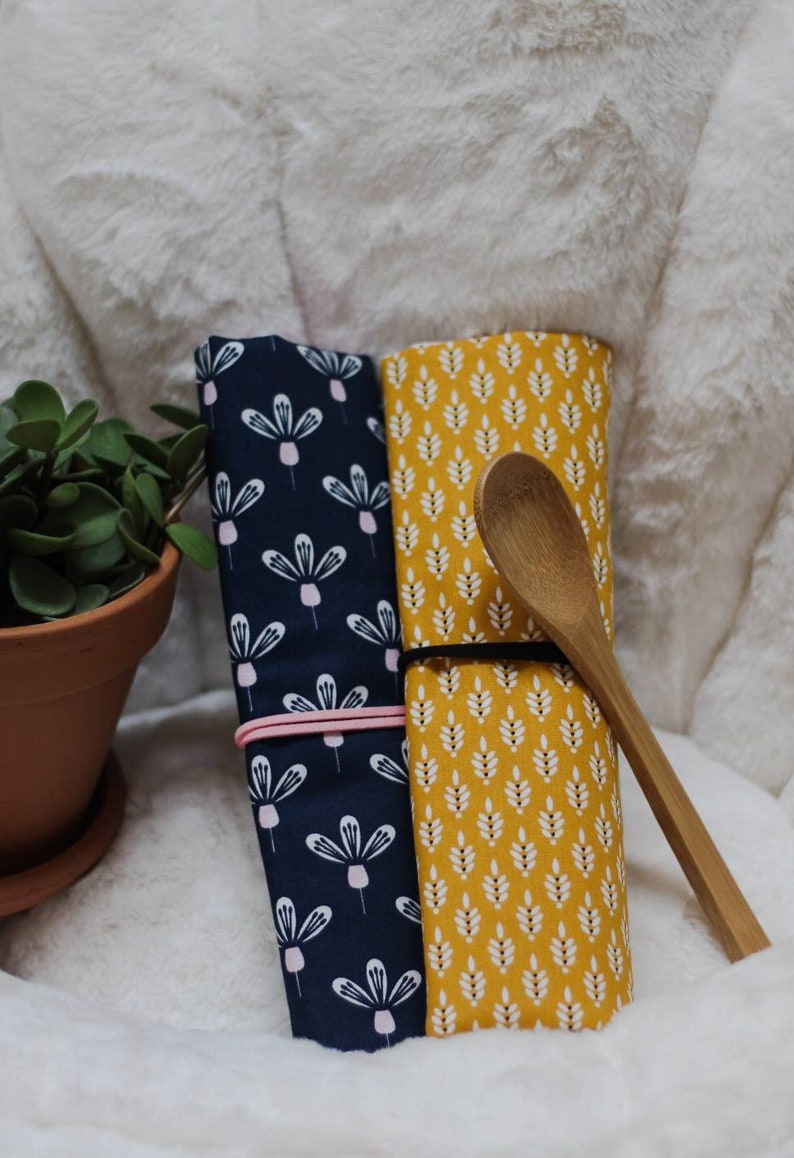 Storage cover and cutlery set in bamboo, 0 waste in wax or cotton fabric image 4
