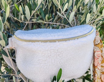 XL fanny pack, faux fur Sherpa sheep style fanny pack with Indian fabric details