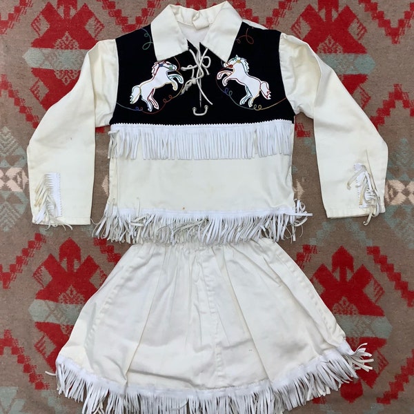 Super Cute 60's Cowboy Cowgirl Western Fringe Shirt Skirt Outfit Set Rainbow Horse sz 6 rockabilly