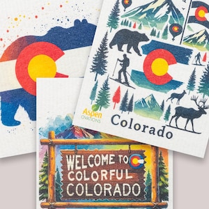May include: Three colorful illustrations of Colorado, featuring a bear, mountains, and a welcome sign. The first image shows a bear with a Colorado flag on its chest. The second image shows a mountain range with a Colorado flag and a deer. The third image shows a welcome sign with the text "Welcome to Colorful Colorado".
