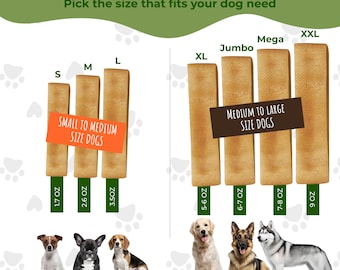 May include: A chart showing different sizes of dog chews with corresponding weight in ounces. The chart is divided into two sections: "Small to Medium Size Dogs" and "Medium to Large Size Dogs".  The chews are arranged from smallest to largest, with the smallest chew being 1.7 ounces and the largest chew being 9 ounces.  The chart also includes images of dogs of different sizes, with each dog corresponding to the size of chew that is recommended for them.