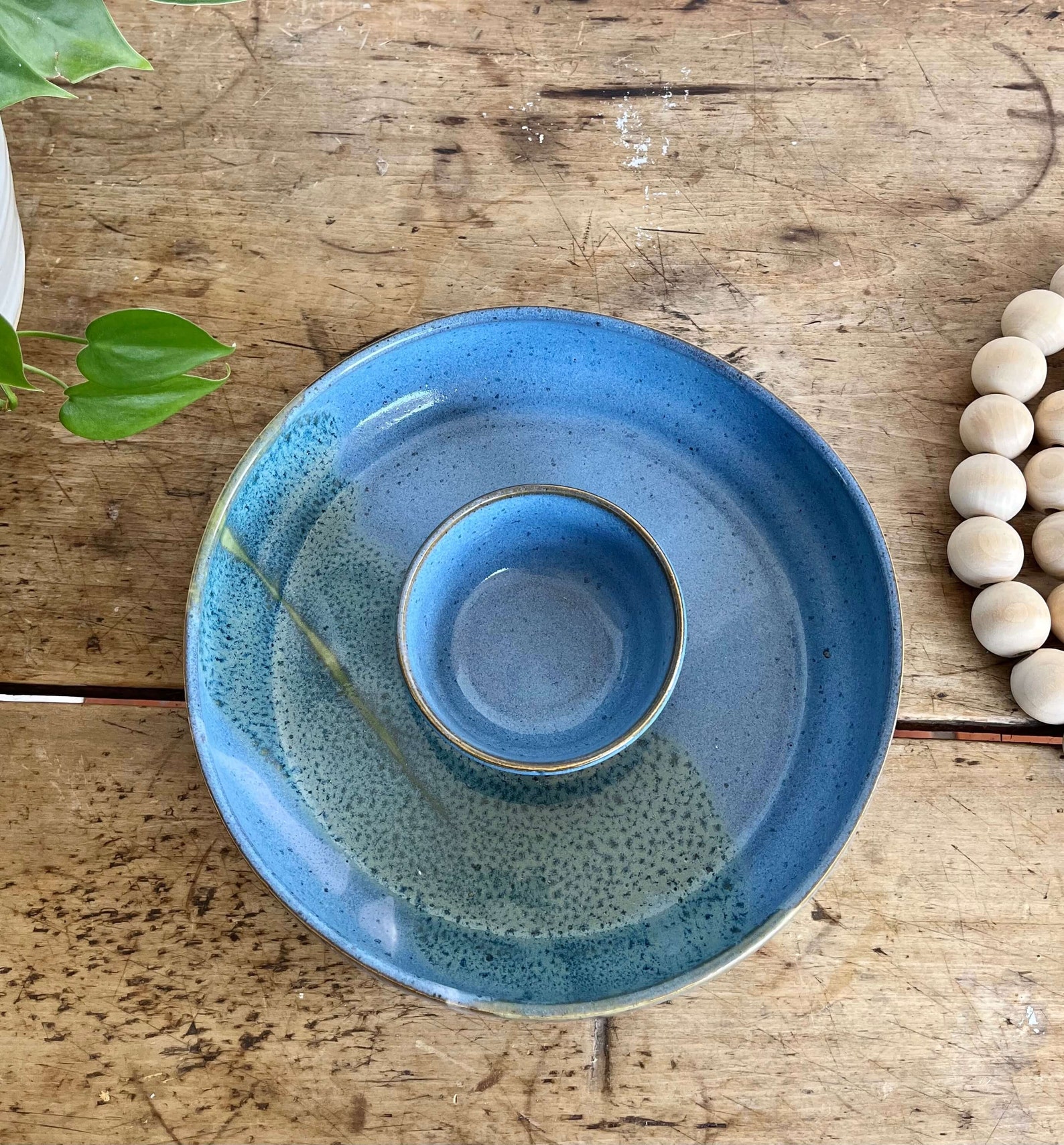 Handmade pottery chip and dip bowl - Blue