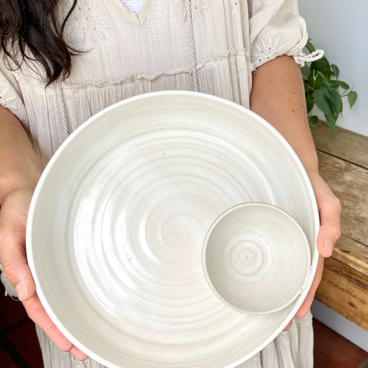 Anniversary Gift Chip and Dip Bowl Large Handmade Pottery Bowl Green Pottery Queso Bowl Game Day Dip Platter Party Tray Entertaining Night - Etsy