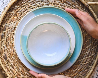 Custom coastal Dinnerware Set handmade Teal Dinnerware Ceramic Plateware Set Pottery Dinnerware Aqua Dishes Beachy Dinnerware set turquoise