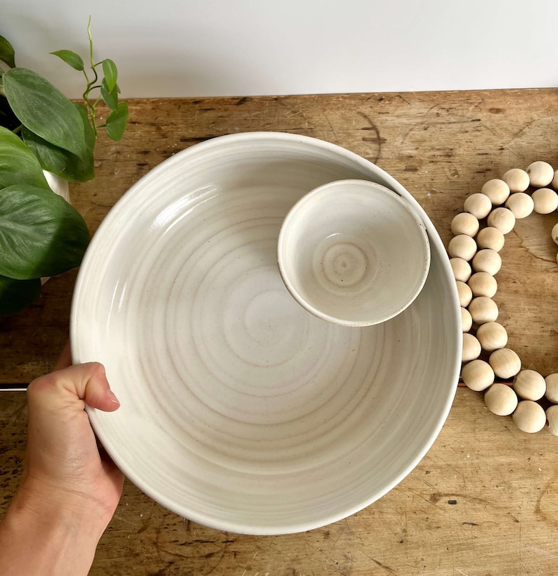 Chip and Dip Snack Bowl Large Chip Dip Handmade Pottery Bowl Blue Pottery Serving Platter Large ceramic hors d'oeuvres tray Ceramic Game Day image 9
