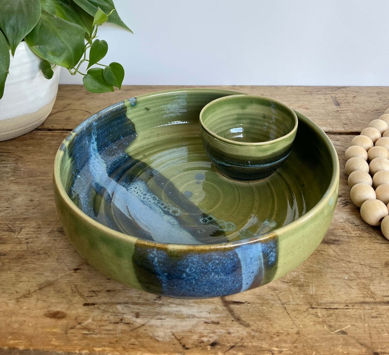 Chip and Dip bowl Large Handmade pottery bowl pottery serving bowl large blue ceramic chip and dip bowl gift