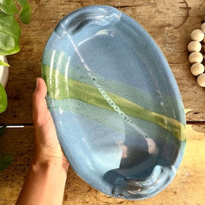 Decorative Blue Catch All Tray Coffee Table Tray Blue Centerpiece Bowl Decorative Fruit Bowl Handmade Pottery Blue Serving Platter Ceramic