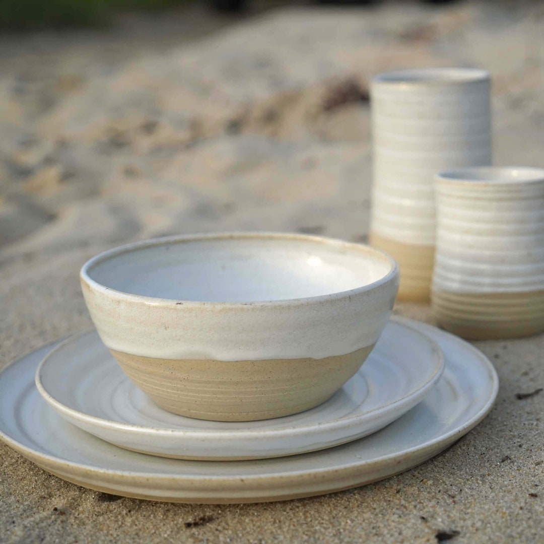 Custom White Farmhouse Dinnerware Set Handmade Plateware Monochromatic Ceramic Plateware Set