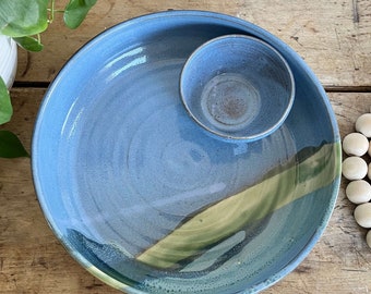 Chip and Dip Snack Bowl Large Chip Dip Handmade Pottery Bowl Blue Pottery Serving Platter Large ceramic hors d'oeuvres tray Ceramic Game Day