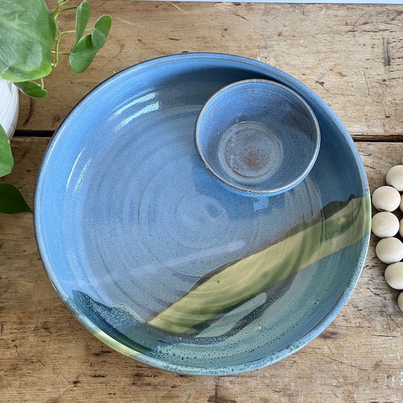 Chip and Dip Snack Bowl Large Chip Dip Handmade Pottery Bowl Blue Pottery Serving Platter Large ceramic hors d'oeuvres tray Ceramic Game Day Blue