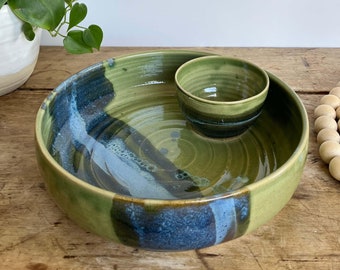 Anniversary Gift Chip and Dip bowl Large Handmade pottery bowl Green pottery Queso bowl Game Day Dip Platter Party Tray Entertaining Night